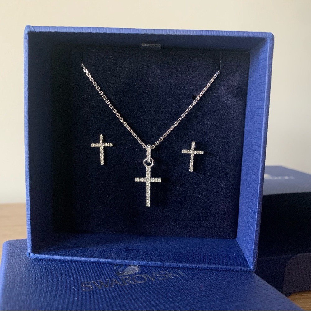 Swarovski Silver Cross Necklace and Earring Set